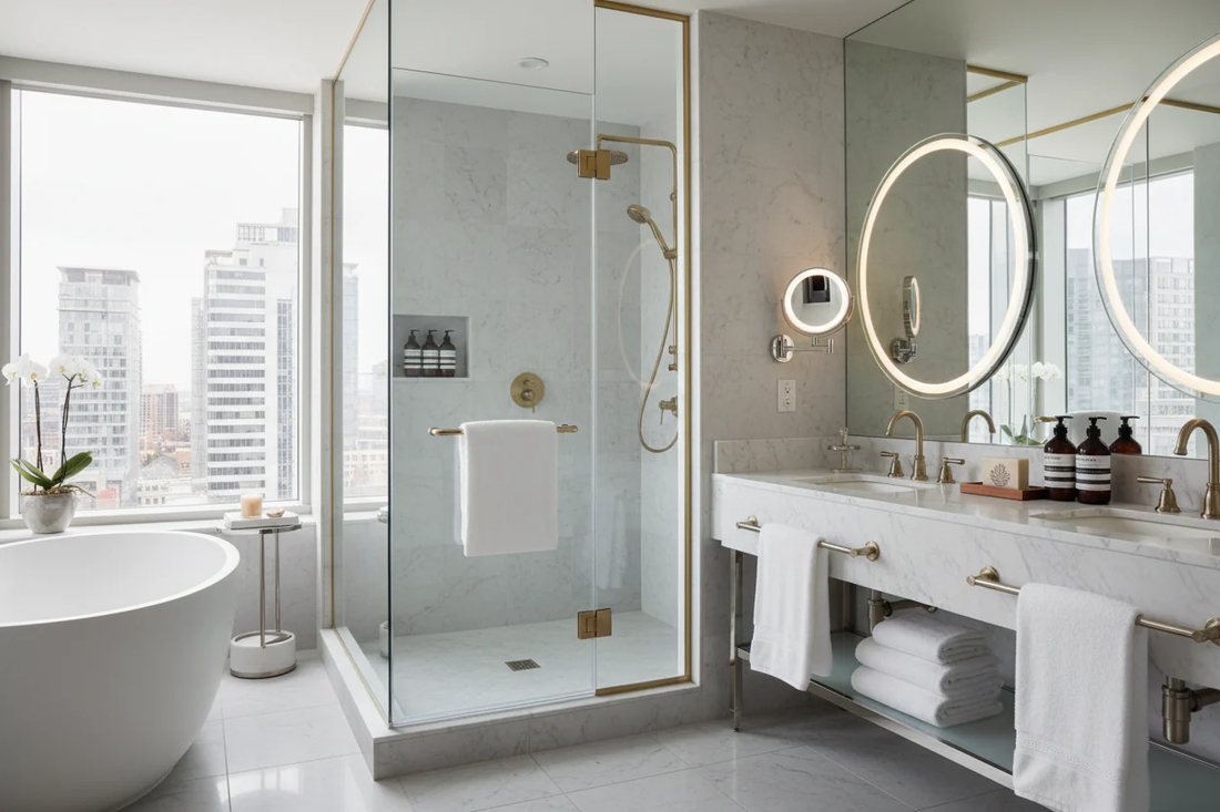 Luxury hotel bathroom with gold fixtures, freestanding tub, glass shower, and premium bath amenities on the vanity — the standard for corporate housing and executive rentals