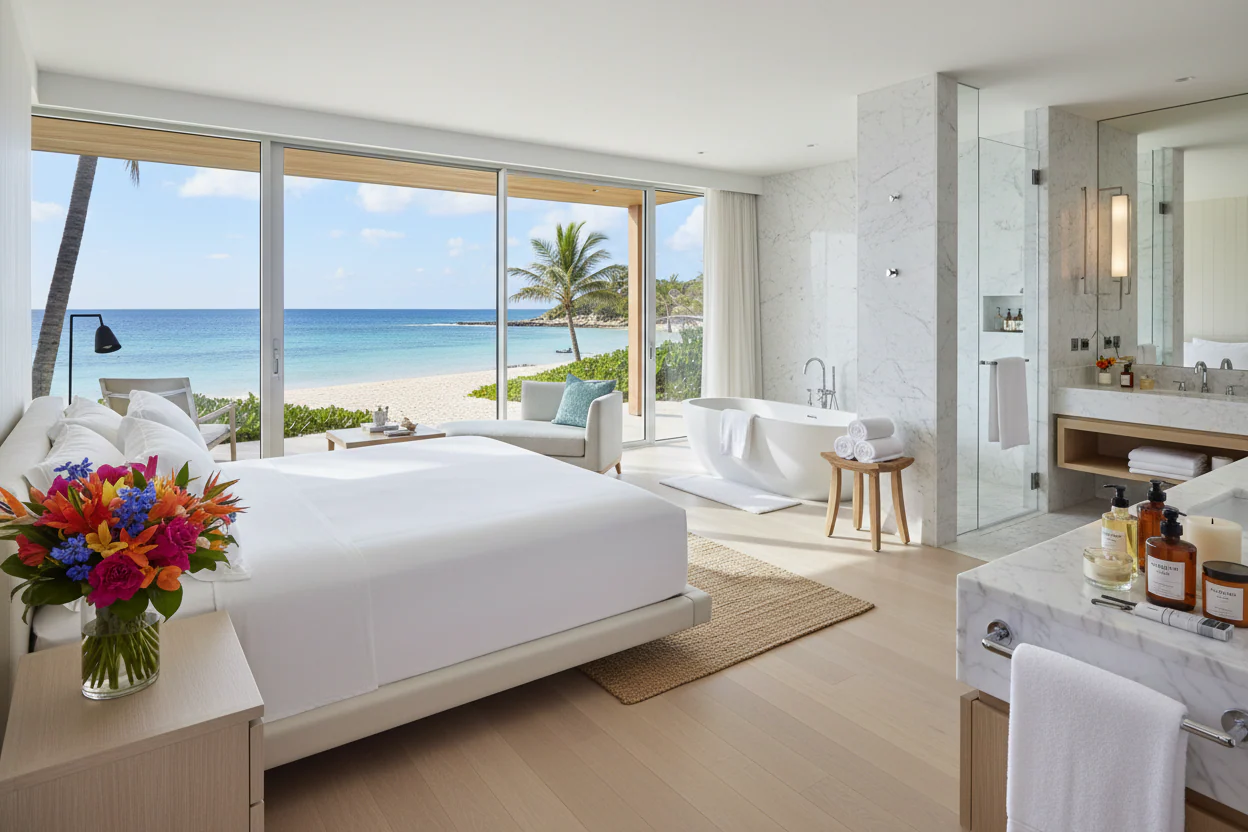 Luxury beachfront resort suite with crisp white hotel-quality bedding, freestanding tub, and premium bath amenities — the standard for luxury