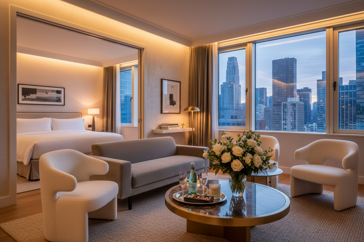 Luxury boutique hotel-style short-term rental space with warm ambient lighting, crisp white bedding, curated decor, and premium amenities — the guest experience standard for STR hosts and corporate housing operators