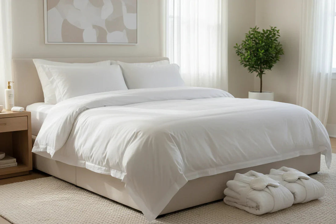 Luxury hotel-style bedroom with all-white linens, duvet, pillows, folded robes, and premium amenities on the nightstand