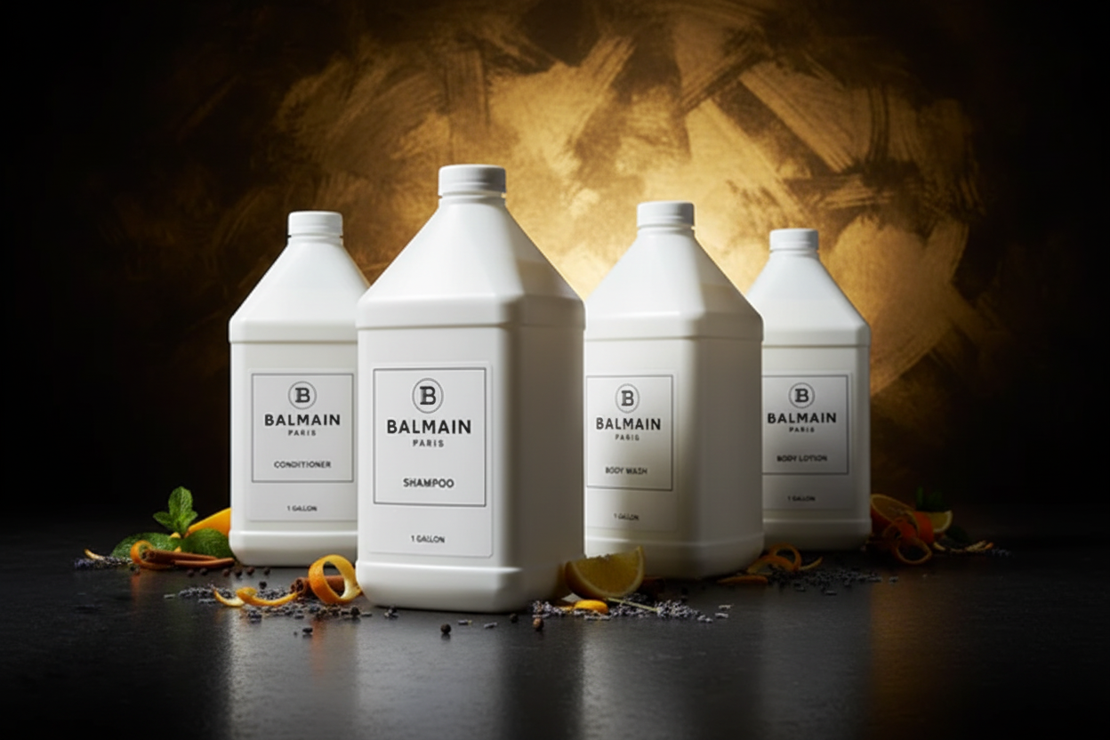 Balmain Paris 4-piece 1-gallon refill bundle — Shampoo, Conditioner, Body Wash, and Hand Wash for boutique hotels, luxury Airbnb, superyachts, and private aviation amenities"