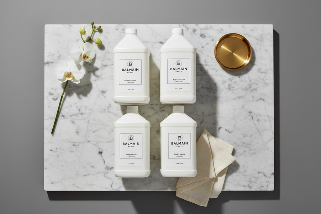 Balmain Paris complete bath amenity collection 1-gallon bulk refills on marble — wholesale luxury hotel toiletries for STR properties, villas, and high-end vacation rentals"