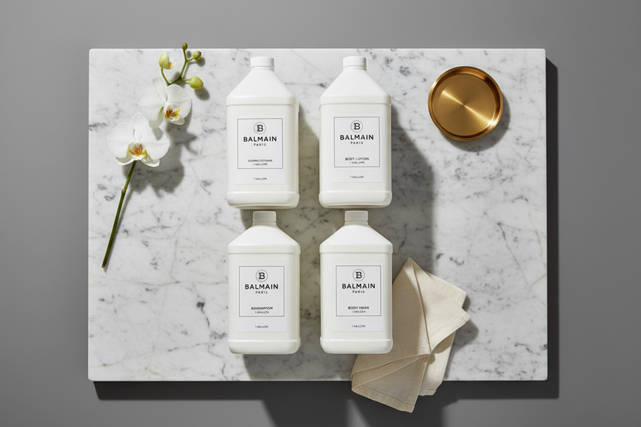 Balmain Paris complete bath amenity collection 1-gallon bulk refills on marble — wholesale luxury hotel toiletries for STR properties, villas, and high-end vacation rentals"