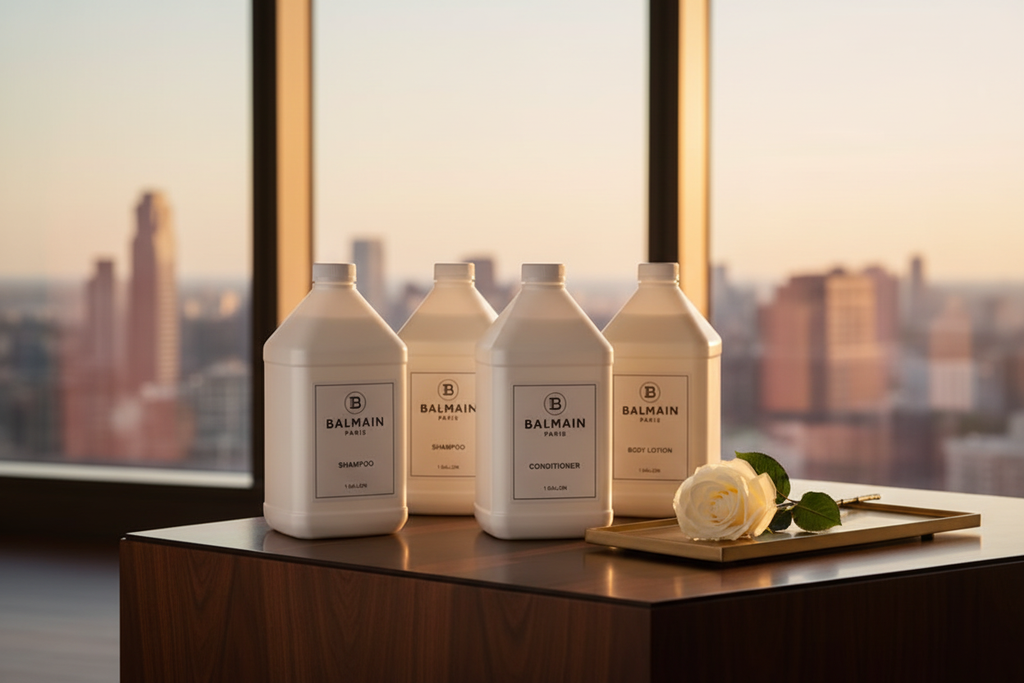 Balmain Paris luxury bath collection 4 x 1 gallon refills styled in 5-star penthouse suite — premium bulk amenity refills for boutique hotels, superyachts, and luxury hospitality
