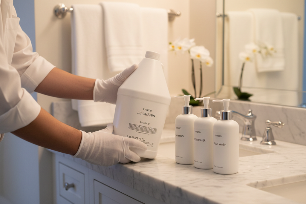 Host Setting Up Shampoo Amenities
