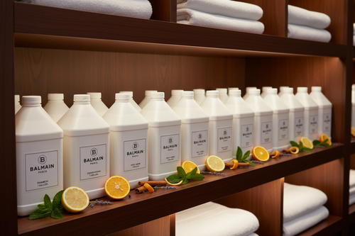 Balmain Paris Body Lotion 1 Gallon Bulk Refill — professional hotel housekeeping stockroom shelf stocked with large-format luxury hair care and body care refill bottles