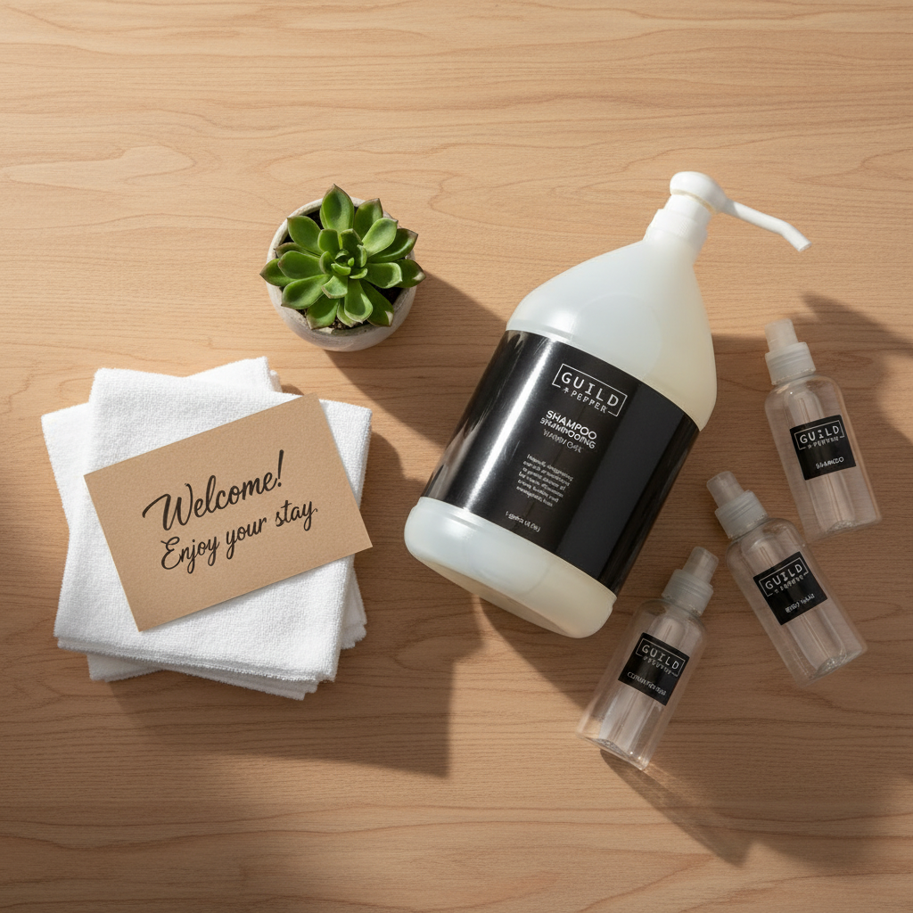 Guild+Pepper Warm Oak Shampoo in a host amenity flat lay with refillable bottles