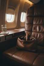 Sahajan Luxury Lip Care Set of 10 inside a luxury private aviation amenity bag on a leather cabin seat