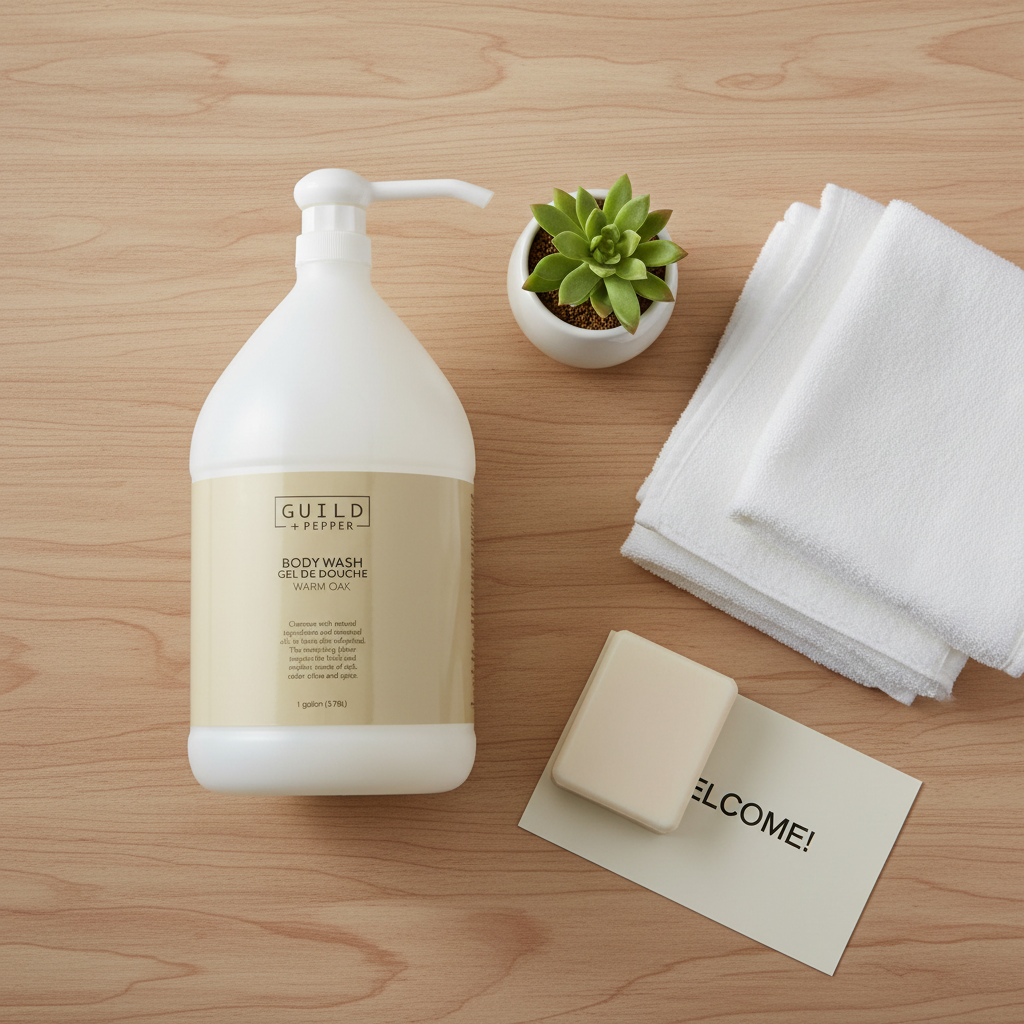Guild + Pepper Warm Oak Body Wash in a host amenity flat lay