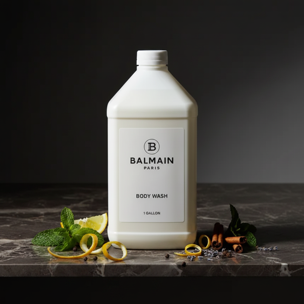 Balmain Paris Body Wash gallon refill — retail bottle on dark marble bathroom vanity shelf, soft warm spa lighting
