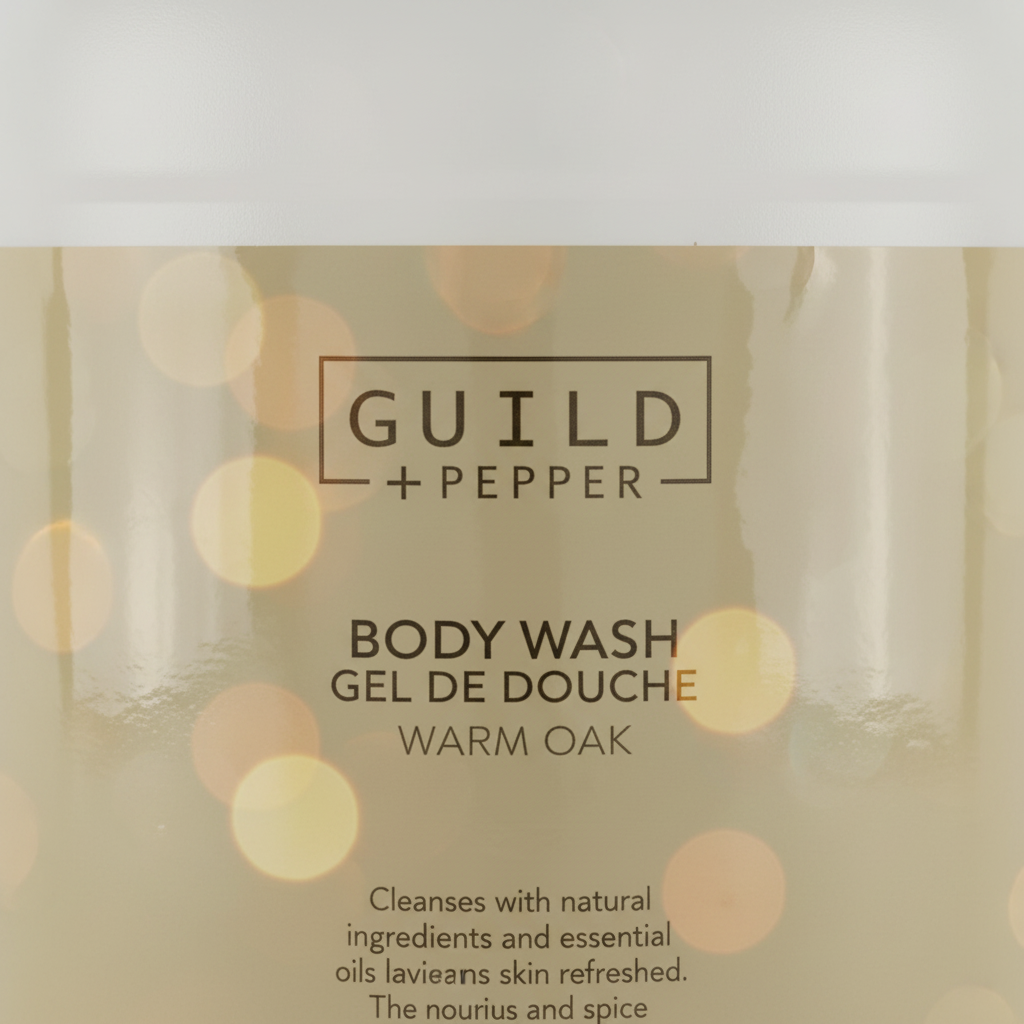 Guild + Pepper Warm Oak Body Wash label close-up