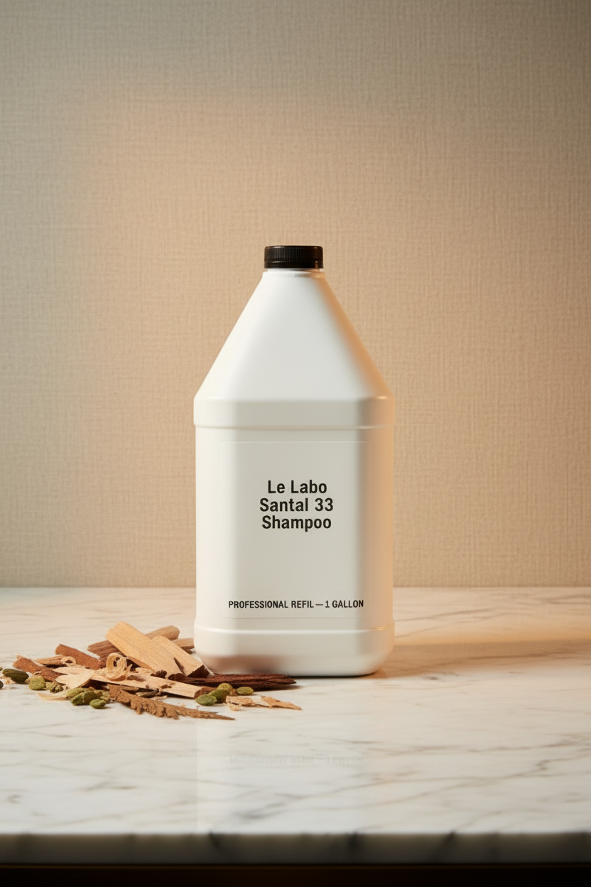 Le Labo Santal 33 Shampoo Professional Refill 1 Gallon on marble vanity