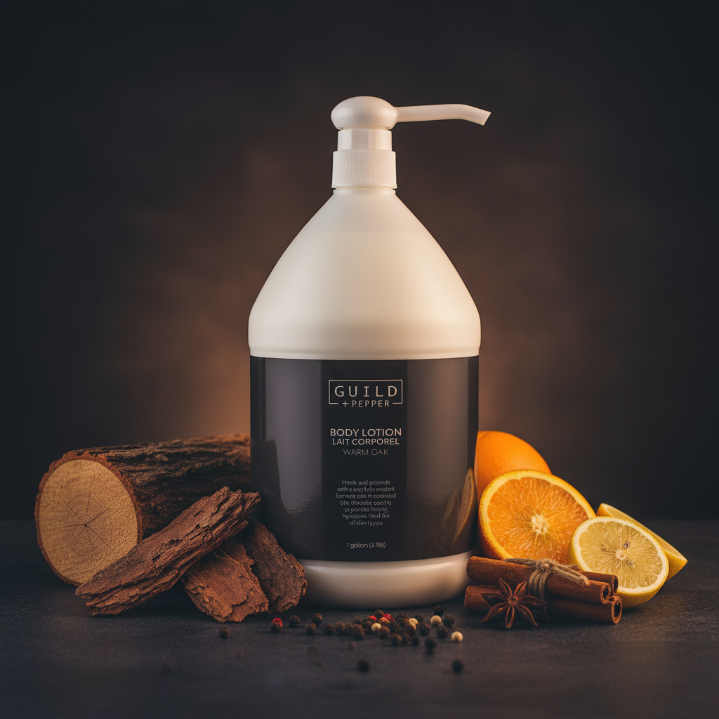 Guild+Pepper Warm Oak Body Lotion with oak, cedar, citrus and spice scent elements