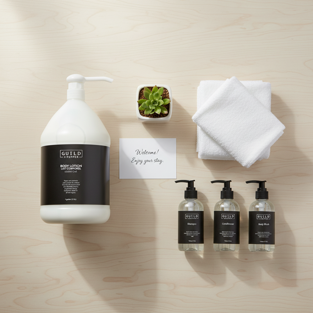 Guild+Pepper Warm Oak Body Lotion in a host amenity flat lay