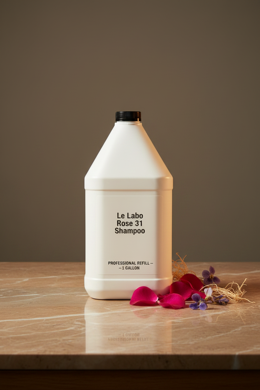 Le Labo Rose 31 1-gallon shampoo professional refill bottle on marble vanity — luxury hotel amenity supply for boutique hotels, Airbnb STR, superyacht and private aviation