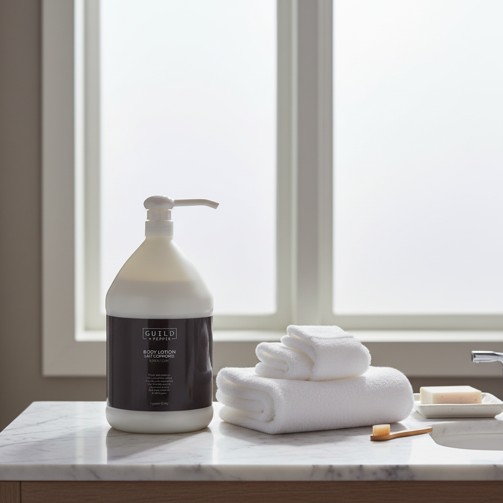 Guild+Pepper Warm Oak Body Lotion in a luxury STR bathroom