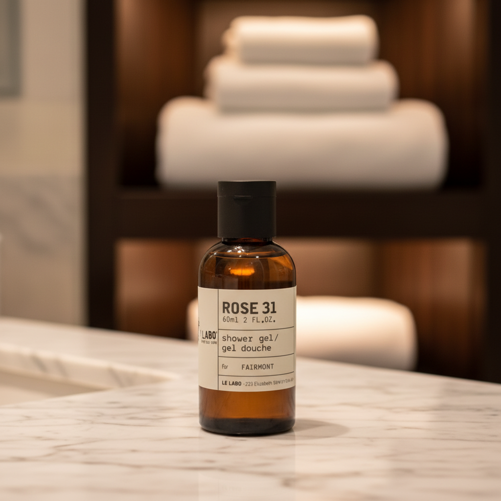 Le Labo Rose 31 Travel Size Shower Gel 2 oz displayed on a luxury boutique hotel bathroom vanity amenity tray