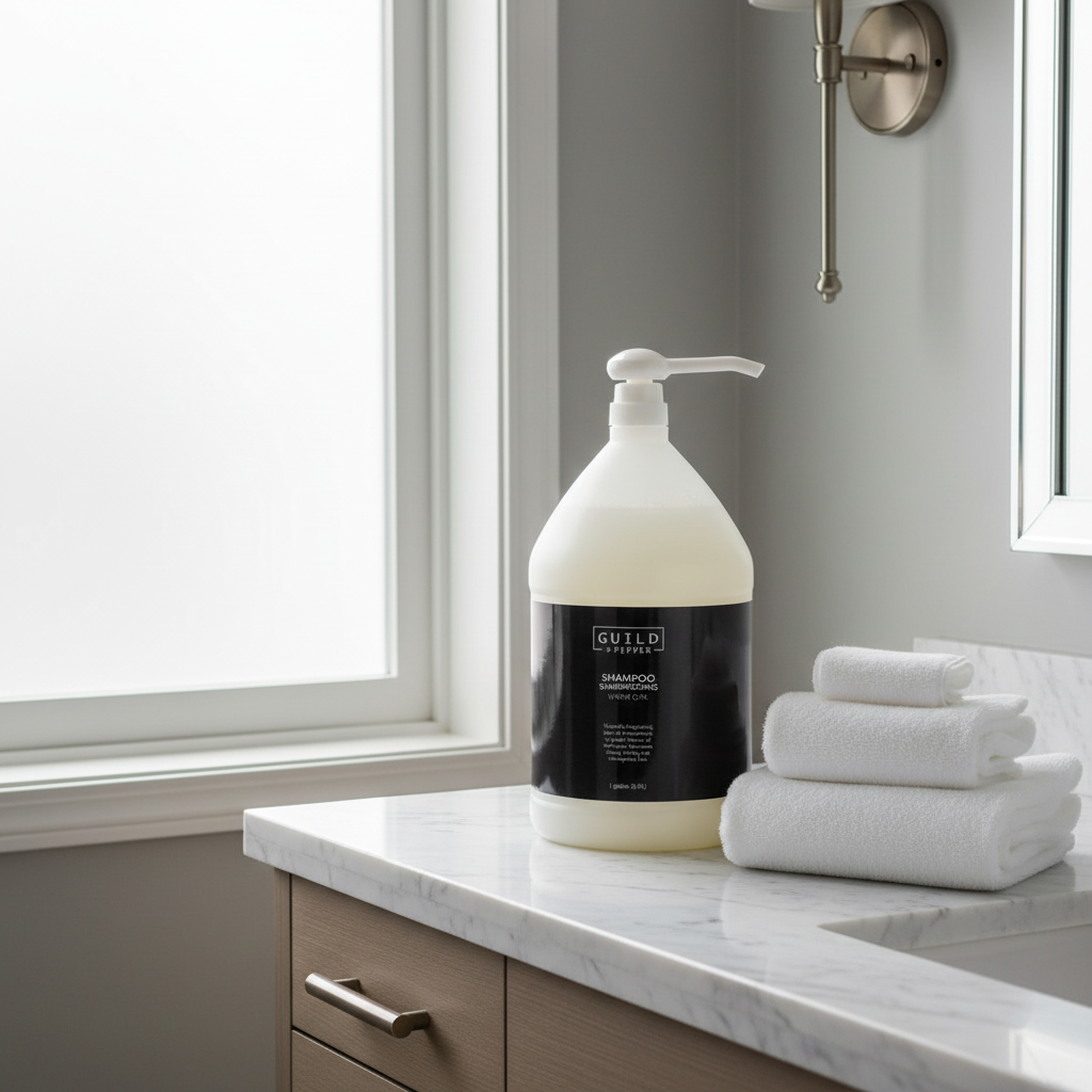 Guild+Pepper Warm Oak Shampoo in a luxury STR bathroom