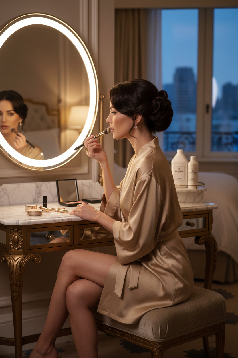Balmain Paris Body Lotion 1 Gallon Refill — woman with glossy styled hair at a luxury hotel vanity mirror, Balmain Paris bottles visible on marble shelf in background