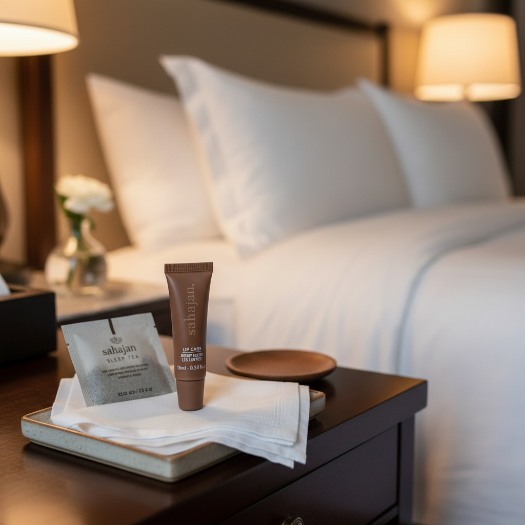 Sahajan Luxury Lip Care Set of 10 on a luxury boutique hotel nightstand turndown amenity tray