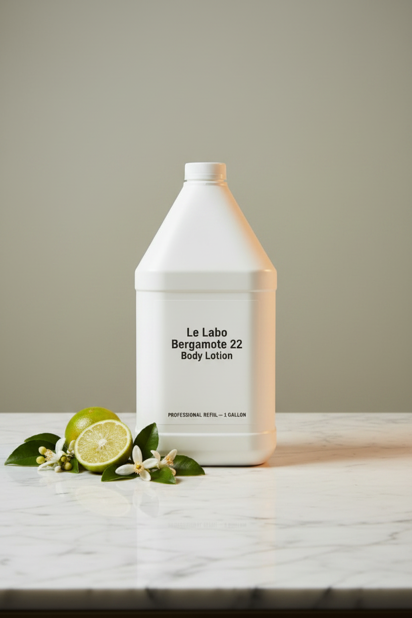 Le Labo Bergamote 22 1 gallon body lotion professional refill on marble vanity for luxury STR Airbnb superyacht private aviation and private villa amenity supply