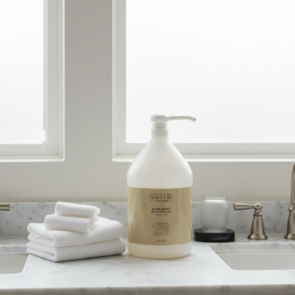 Guild + Pepper Warm Oak Body Wash in a luxury STR bathroom