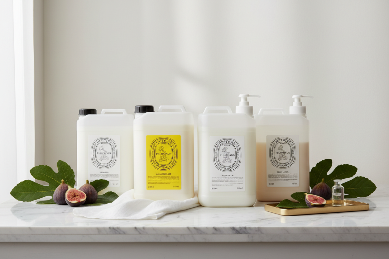 Diptyque Philosykos 4-piece 5-liter refill set — Shampoo, Conditioner, Body Wash, and Body Lotion for Ritz-Carlton specification, boutique hotels, luxury Airbnb, superyachts, and private aviation amenity programs