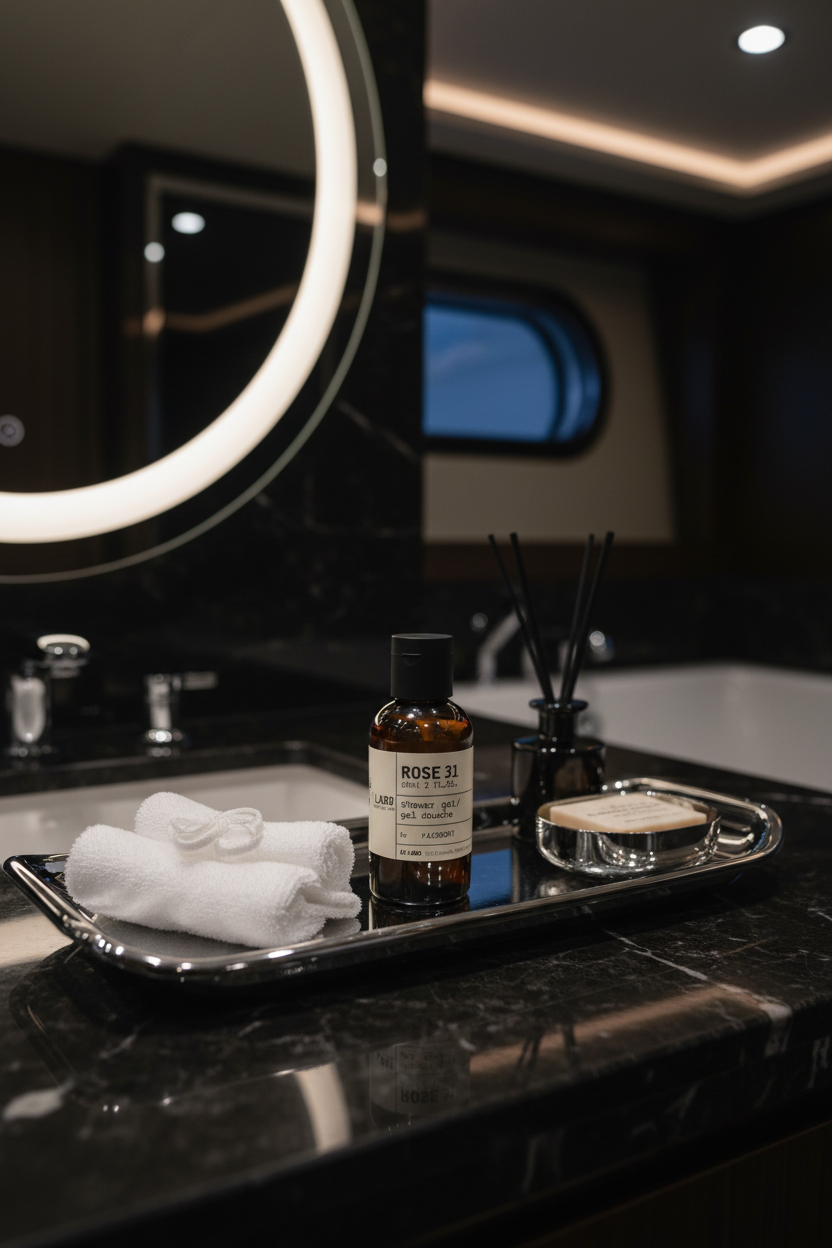 Le Labo Rose 31 Travel Size Shower Gel 2 oz on a superyacht cabin amenity tray