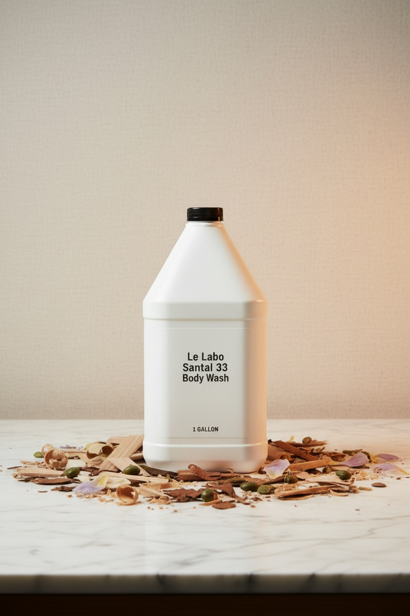 Le Labo Santal 33 1-gallon body wash professional refill bottle on marble vanity — luxury hotel amenity supply for Fairmont, Park Hyatt, Airbnb STR, superyacht and private aviation