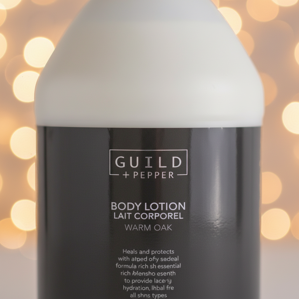 Guild+Pepper Warm Oak Body Lotion label close-up