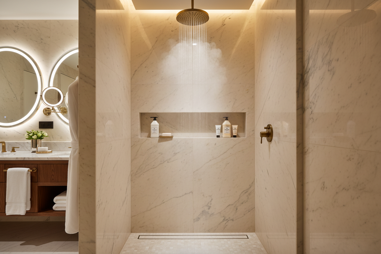 Balmain Paris Body Lotion 1 Gallon Refill — luxury boutique hotel rainfall shower with Balmain Paris retail bottles neatly placed on built-in marble shower shelf
