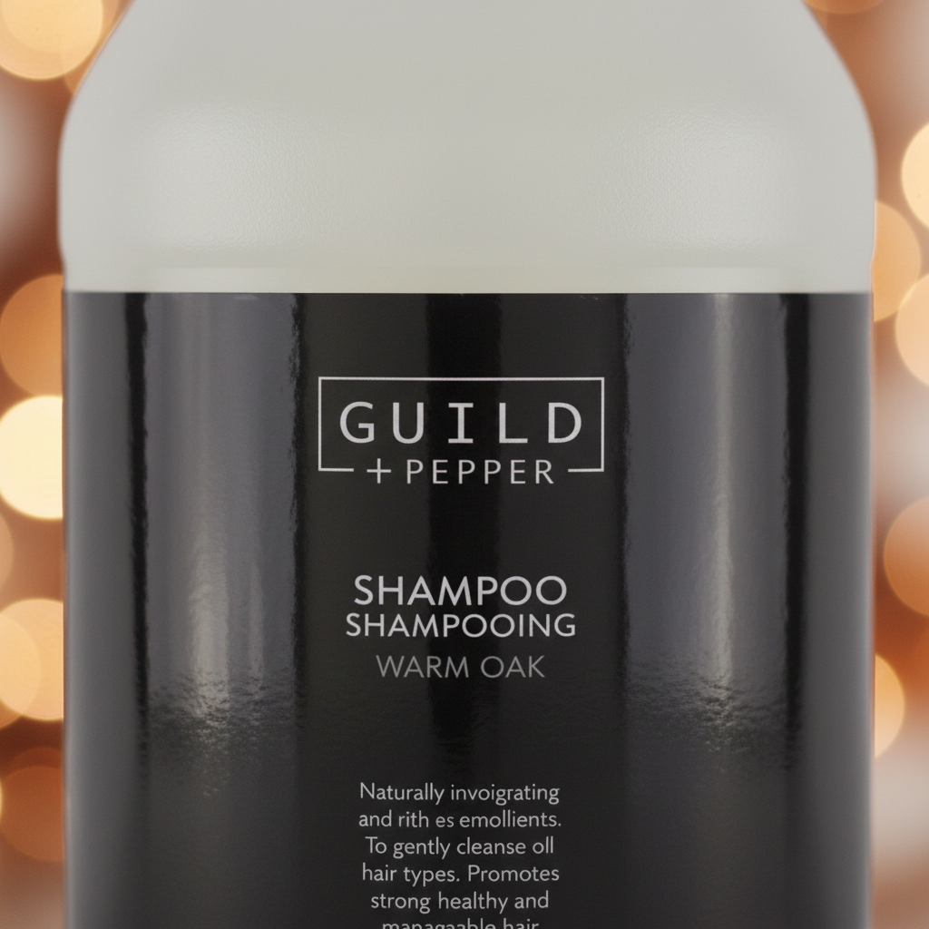 Guild+Pepper Warm Oak Shampoo label close-up