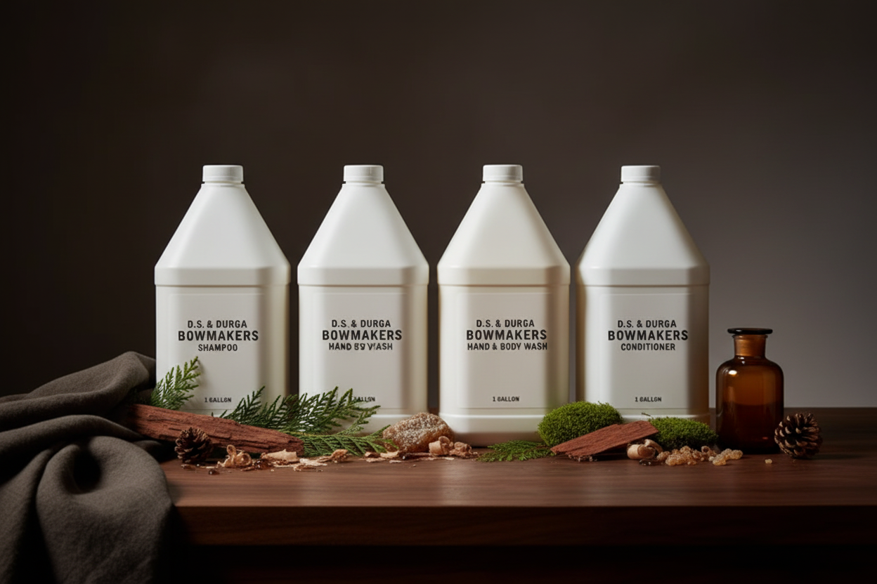 D.S. & Durga Bowmakers 4-piece 1-gallon refill set — Shampoo, Conditioner, Hand & Body Wash, and Body Cream for boutique hotels, luxury Airbnb, superyachts, and STR amenity programs