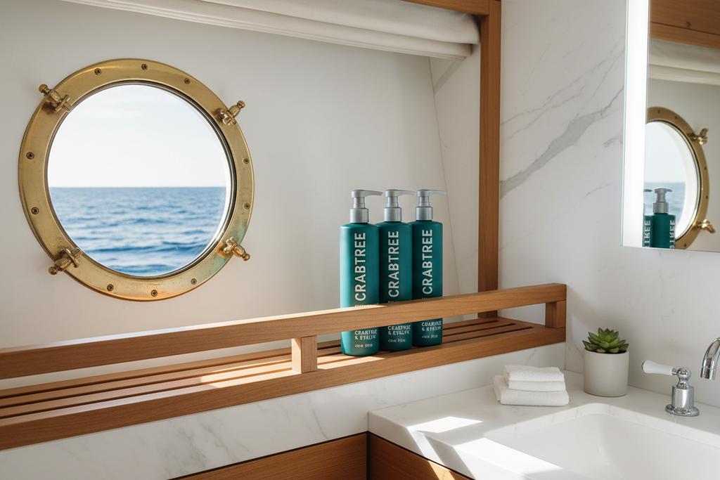 Crabtree & Evelyn Complete 4 piece  Hair & Body care set in luxury yacht bathroom